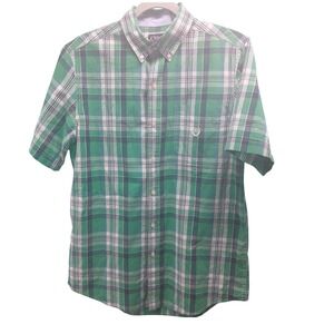 Chaps Mens Green Plaid Short Sleeve Button Down Shirt Easy Care Size M